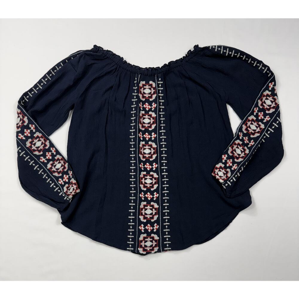 Abercrombie & Fitch navy blue XS boho top white and red embroidered long sleeves - Picture 6 of 10